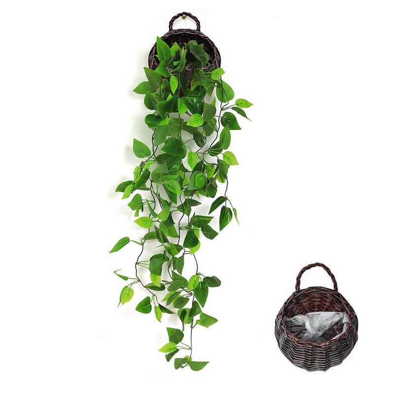 ANZOME Artificial Hanging Plants with Basket, 3.5ft Faux Ivy Vine for Wall Decor, Real-Touch Fake Greenery for Bedroom Aesthetic, Farmhouse Woven Wood Pot & Hooks Included (Indoor/Outdoor Ready) - Image 1